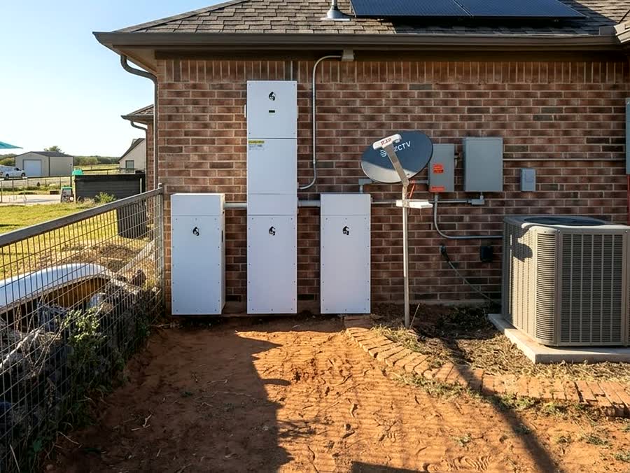 Casa en Texas con paneles solares en el techo y baterias modulares en la pared
